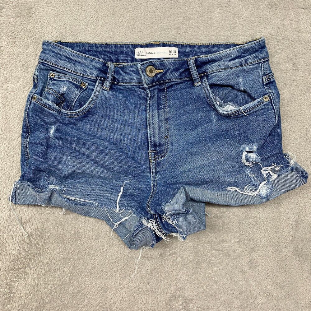 Zara Shorts Womens 4 Blue Zip Fly Denim Jean Cut Off Low Rise Booty Ripped